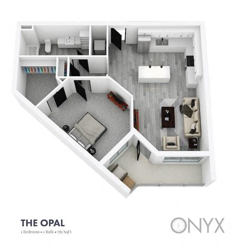 Floor plan for 1 bed, 1 bath, 780 sqft